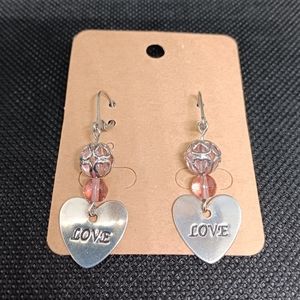 HANDMADE Pink & Silver Tone Heart Shaped "LOVE" Charm Beaded Dangle Earrings